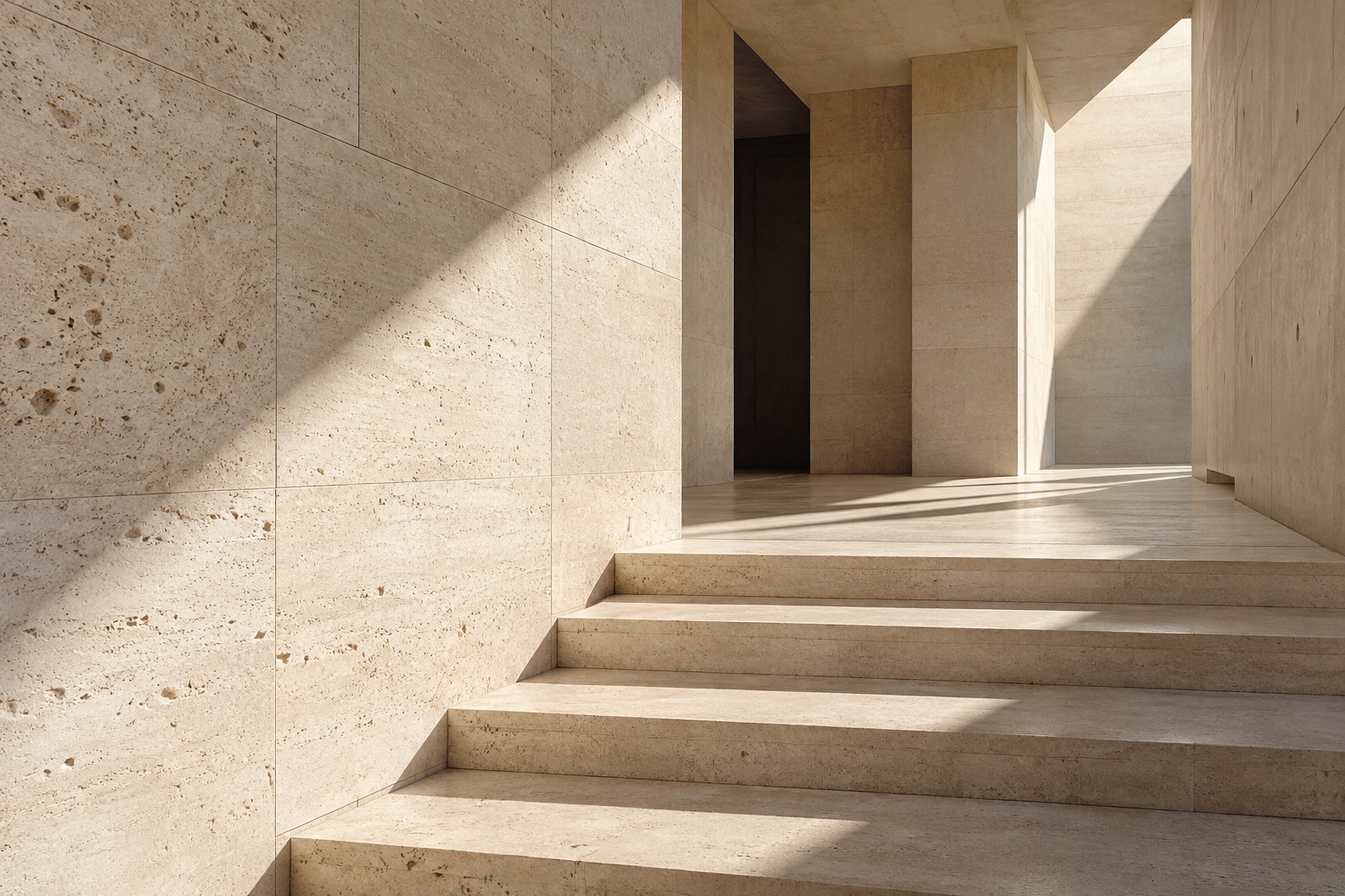 Sunlight and shadow across sculptural limestone architecture